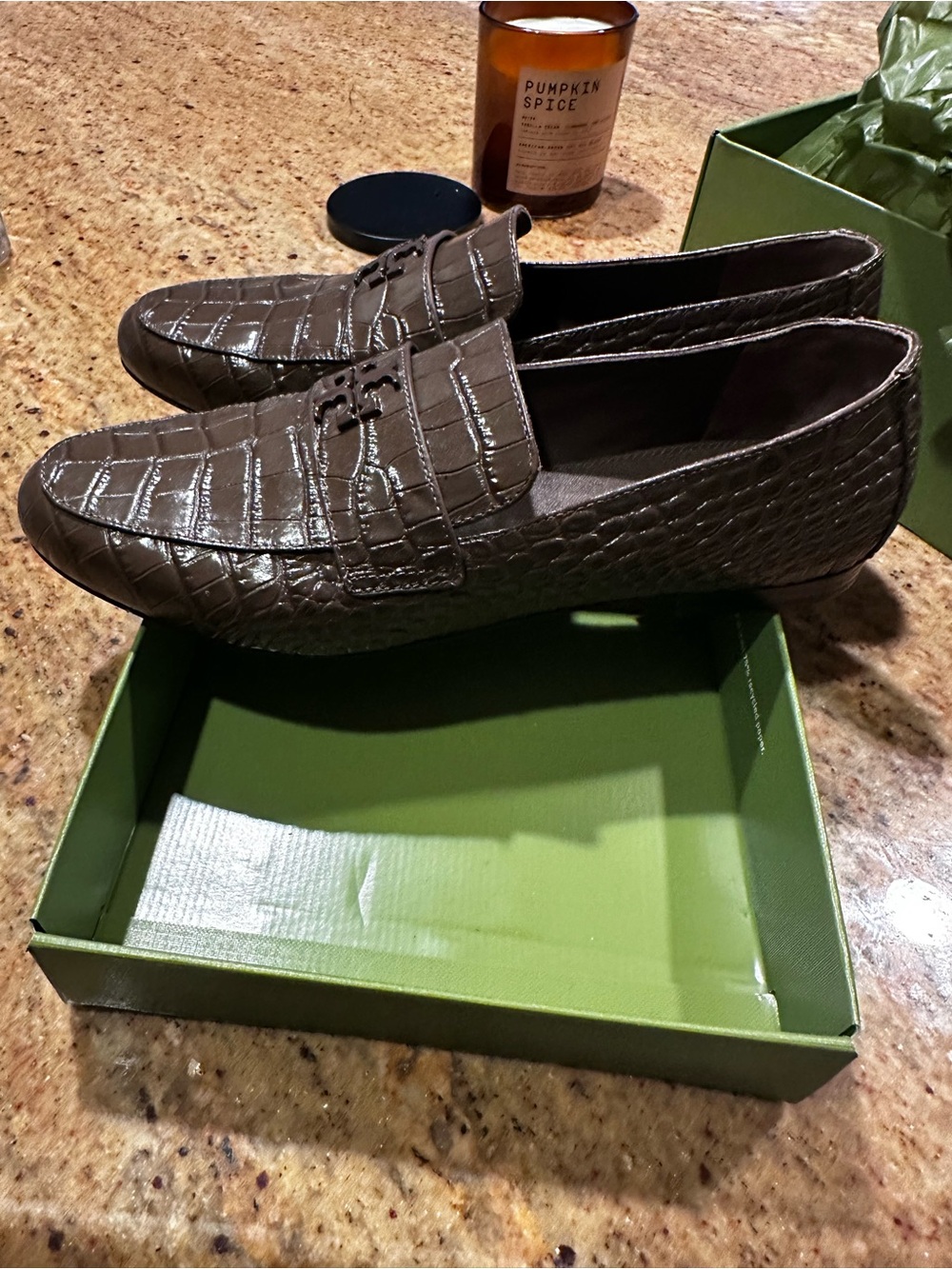 Tory Burch Women’s Brown Croc-Embossed Leather Driving Loafers